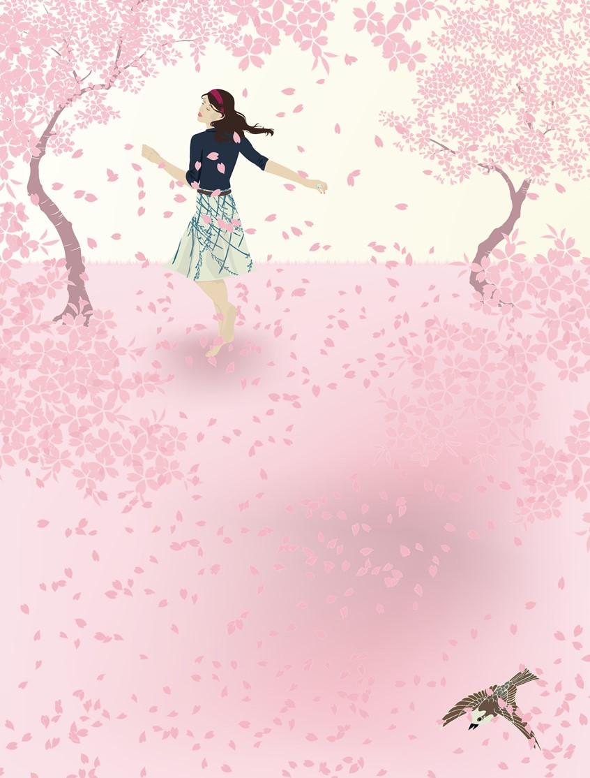 illustration of Illustrator, illustration, art, design, artwork, editorial, magazine, newspaper, news, article, branding, brand, graphic design, packaging, product, advertising, advertisement, ad, identity design, marketing, campaign, print, digital, web, social media, creative, bright, striking, colorful, bold, poster, young woman dancing under the falling petals of Sakura trees. April Calendar, avril, hanami, cherry trees, festival