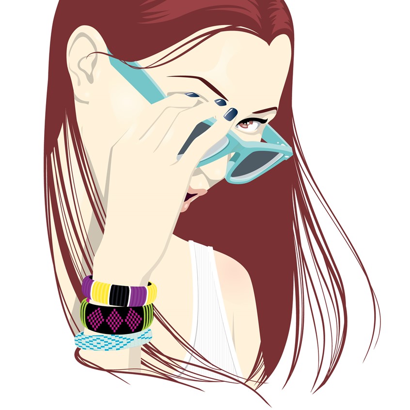 illustration of A young woman dressed for summer. Illustrator, illustration, art, design, editorial, magazine, newspaper, news, article, color, branding, brand, graphic design, packaging, product, advertising, advertisement, ad, design, marketing, campaign, print, digital, web, social media, creative, bright, striking, colorful, conceptual, concept, idea, poster, billboard, person, portrait, resort, travel, tourism, coy, play, bracelets, jewelry, accessories, woman, rayban, designer clothing, sunglasses