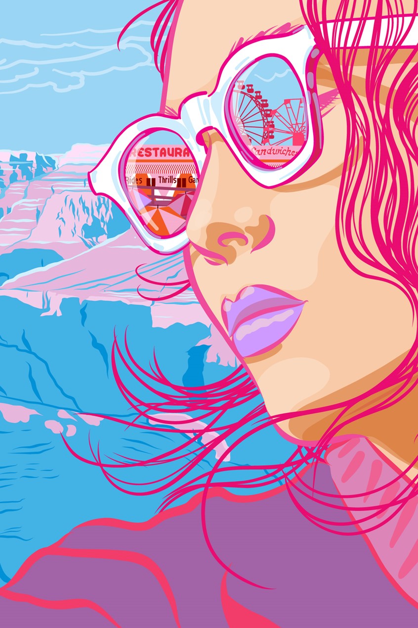 illustration of Illustrator, illustration, art, artwork, design, editorial, magazine, newspaper, news, article, color, branding, brand, graphic design, packaging, product, advertising, advertisement, ad, design, marketing, campaign, print, digital, web, social media, creative, pastel, neon, abstract, bright, striking, colorful, conceptual, concept, idea, poster, billboard, people, face, portrait, woman, girl, teenager, teen, sunglasses, cute, stylish, reflection, book cover, young adult, ya, southwest, carnival