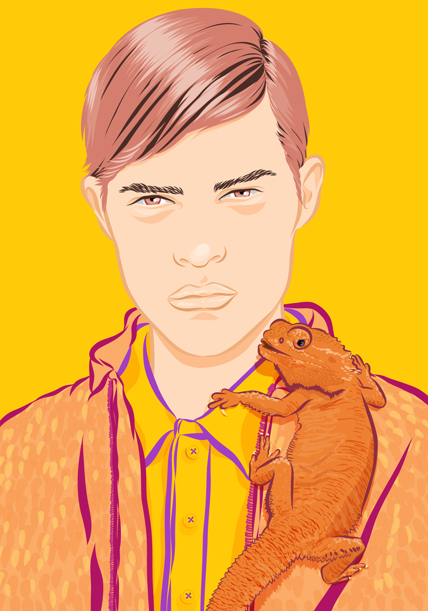 illustration of Illustrator, illustration, art, design, editorial, magazine, newspaper, news, article, color, branding, brand, graphic design, book cover, packaging, product, advertising, advertisement, ad, design, marketing, campaign, print, digital, web, social media, creative, abstract, pastel, colorful, striking, poster, billboard, portrait, grumpy, expressive, patterned, lizard, bearded dragon, pet, fashion, youth, young adult, young man, men’s fashion, men’s style, orange, gen z, yellow