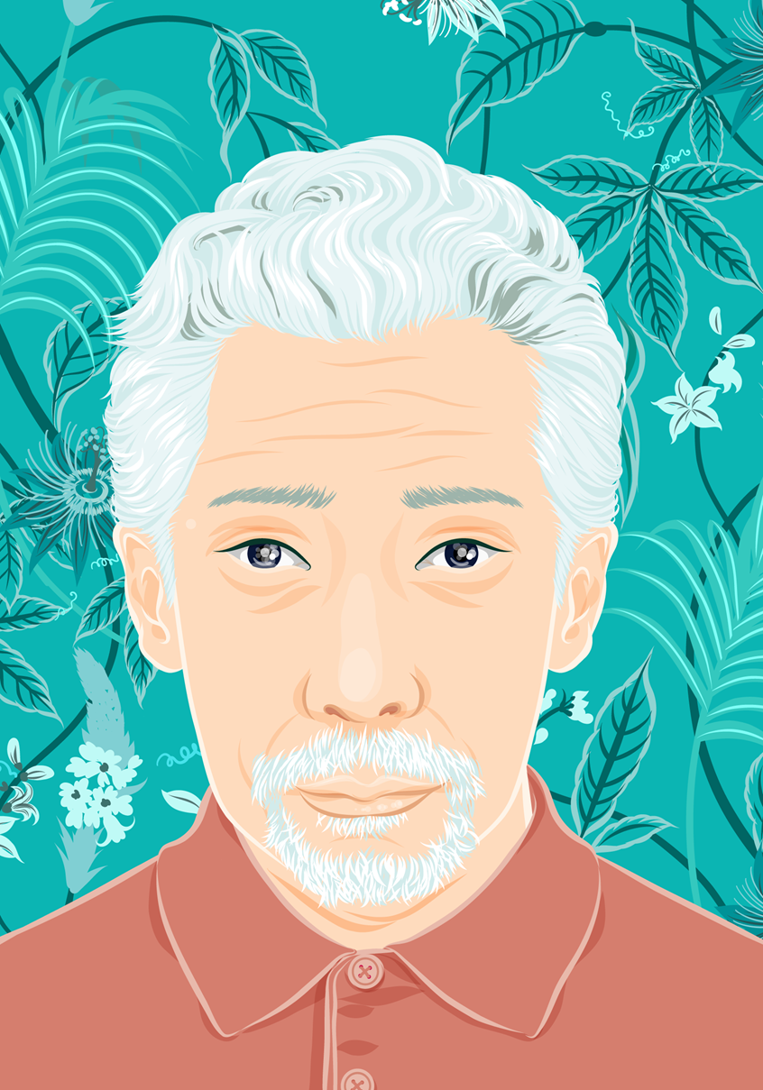 illustration of Illustrator, illustration, art, design, editorial, magazine, newspaper, news, article, color, branding, brand, graphic design, book cover, packaging, product, advertising, advertisement, ad, design, marketing, campaign, print, digital, web, social media, creative, abstract, pastel, colorful, striking, poster, billboard, portrait, expressive, patterned, fashion, man, senoir man, elderly, old man, men’s fashion, men’s style, men’s hair, botanical, verdant