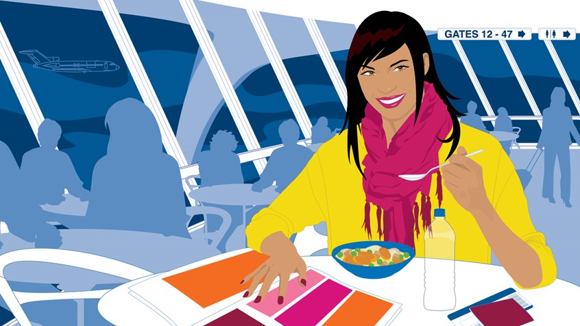 illustration of Illustrator, illustration, art, artwork, design, editorial, magazine, newspaper, news, article, colour, branding, brand, graphic design, packaging, product, advertising, advertisement, ad, design, marketing, campaign, print, book, cover, digital, web, social media, creative, bright, striking, colorful, conceptual, concept, idea, poster, billboard, people, face, portrait, woman, travel, airport, airline, tourism, healthy eating, weight watchers, diet, wellness