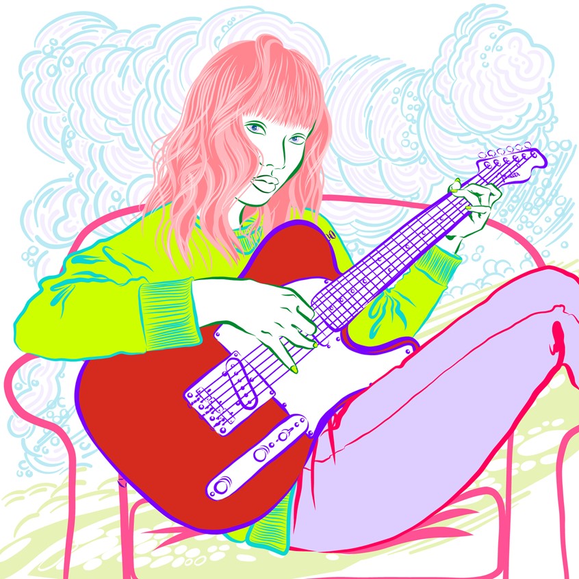 illustration of A young woman guitarist sitting on an armchair playing her Fender Telecaster. ~ Illustrator, illustration, art, design, artwork, editorial, magazine, newspaper, news, article, colour, branding, brand, graphic, album cover, music, packaging, product, advertising, advertisement, ad, identity design, marketing, campaign, social media, creative, pastel, abstract, bright, neon, striking, colourful, bold, poster, billboard, people, faces, portrait, colourful, guitar, youth, teen, surreal, magical
