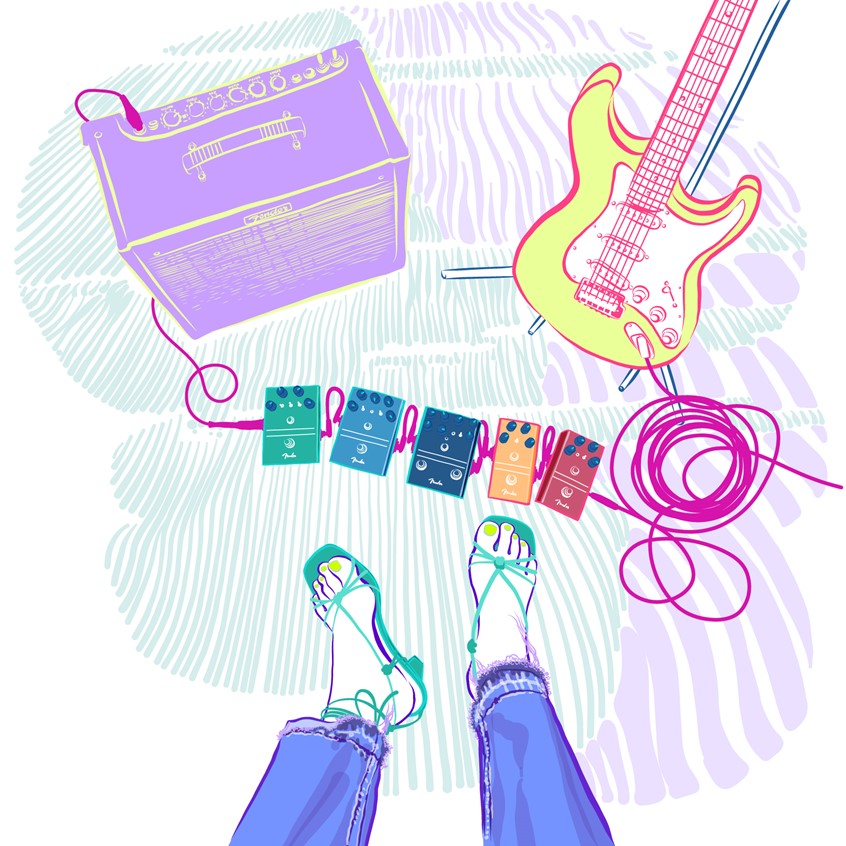 illustration of A young woman guitarist in her music studio with Fender Stratocaster, amp and guitar pedals from her viewpoint. ~ Illustrator, illustration, art, design, artwork, editorial, magazine, newspaper, article, colour, brand, graphic, album cover, music, packaging, product, advertisement, ad, identity design, marketing, campaign, social media, pastel, abstract, bright, neon, striking, colourful, bold, poster, billboard, people, faces, portrait, colourful, guitar, youth, teen, surreal, magical