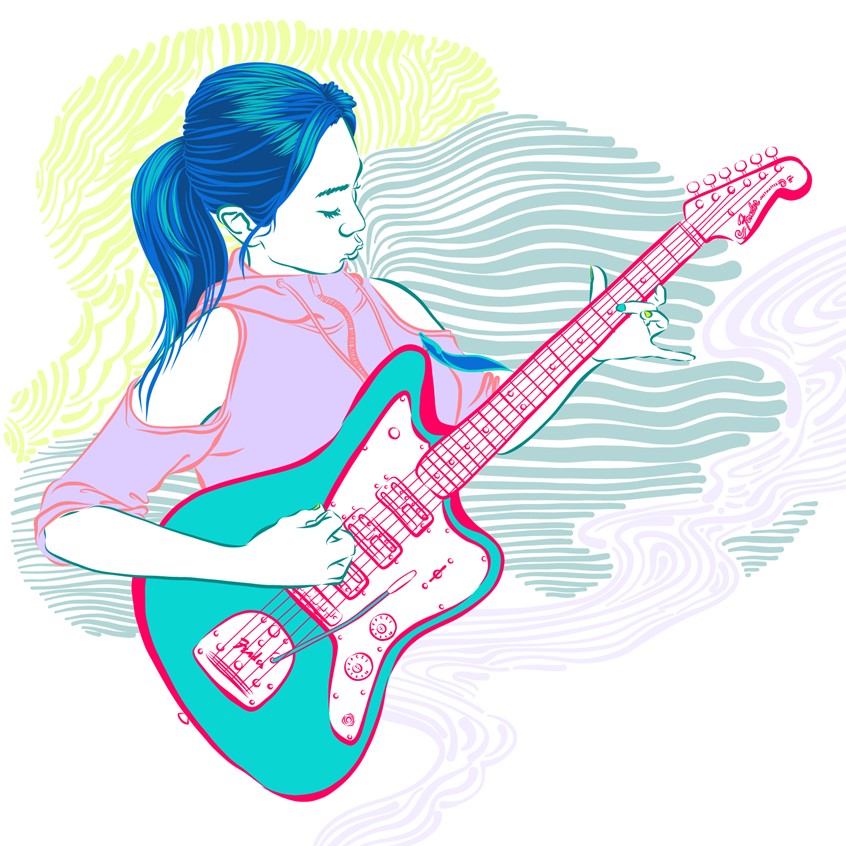 illustration of A young woman guitarist playing her Fender Jazzmaster. ~ Illustrator, illustration, art, design, artwork, editorial, magazine, newspaper, news, article, branding, brand, graphic, album cover, music, packaging, product, advertising, advertisement, ad, identity design, marketing, campaign, print, digital, web, social media, creative, pastel, abstract, bright, neon, striking, colourful, bold, poster, billboard, people, faces, portrait, colourful, guitar, youth, teen, surreal, magical
