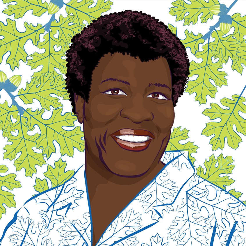 illustration of California black oak leaves, African American author, Illustrator, illustration, art, design, artwork, editorial, advertorial, magazine, newspaper, news, article, advertising, advertisement, ad, marketing, campaign, print, digital, vector, web, social media, creative, abstract, bright, neon, striking, colorful, bold, poster, billboard, people, faces, portrait, colorful, bright, portrait, magical realism, book cover, celebrity, smiling, woman, writer