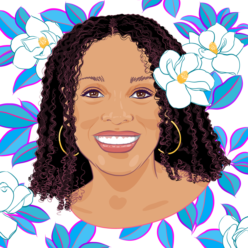 illustration of Portrait of author Jesmyn Ward. ~ magnolias, Mississippi, Illustrator, illustration, art, design, artwork, editorial, advertorial, magazine, newspaper, news, article, colour, color, product, advertising, advertisement, ad, marketing, campaign, print, digital, vector, web, social media, creative, abstract, bright, neon, striking, colourful, bold, poster, billboard, people, faces, portrait, colorful, bright, portrait, magical realism, author, book cover, celebrity, smiling, woman, writer