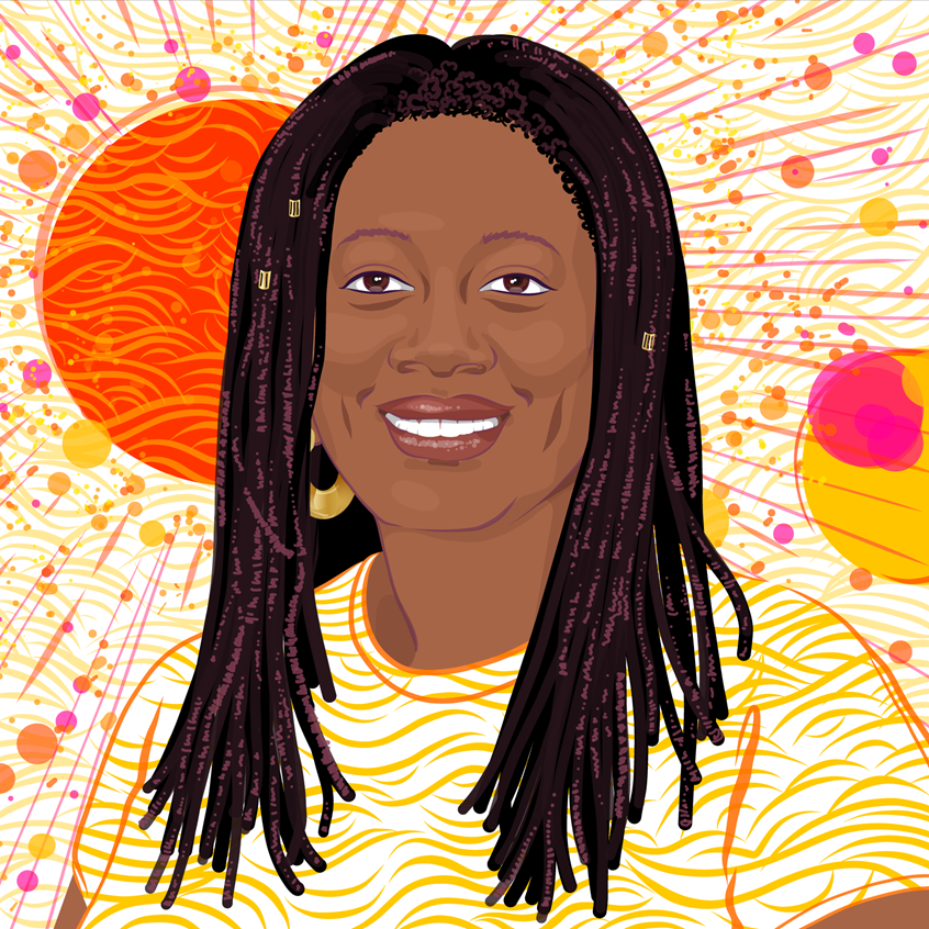 illustration of A portrait of fantasy author N.K. Jemisin. ~
Illustrator, illustration, art, design, artwork, editorial, advertorial, magazine, newspaper, news, article, colour, color, product, advertising, advertisement, ad, identity design, marketing, campaign, print, digital, vector, web, social media, creative, abstract, bright, neon, striking, colourful, bold, poster, billboard, people, faces, portrait, colorful, bright, portrait, fantasy author, book cover, celebrity, planets, smiling, woman, writer