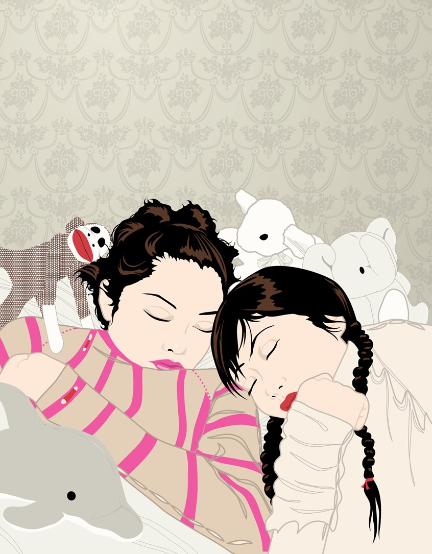 illustration of Illustrator, illustration, art, design, editorial, magazine, newspaper, news, article, color, branding, brand, graphic design, book cover, packaging, product, advertising, advertisement, ad, design, marketing, campaign, print, digital, web, social media, creative, abstract, pastel, colorful, striking, conceptual, concept, idea, poster, billboard, people, portrait, sweater, knit, fashion, youth, young adult, young woman, female, girls, sleep, slumber, peaceful, relax, sweet, stuffed animals