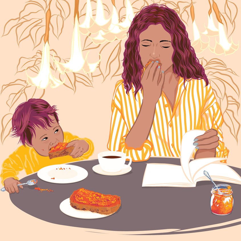 illustration of Illustrator, illustration, art, artwork, design, editorial, magazine, branding, brand, packaging, product, advertising, advertisement, ad, design, marketing, campaign, print, book, cover, digital, web, social media, bright, striking, colorful, poster, billboard, people, face, portrait, woman, child, baby, toddler, travel, tourism, health, diet, foodie, fine dining, gourmet, Angel's trumpet, trumpet flower, breakfast, jam, family, single-mother, sister, aunt, orange, yellow, golden light