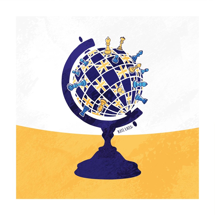 illustration of The globe pictured as a chessboard on which one of the colours is the Union Jack to symbolise the strategic approach that Britain played during the age fo the British Empire. The images was created as the lead image for a podcast titled