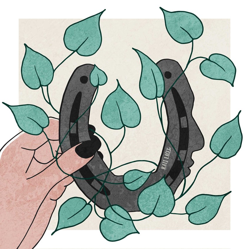 illustration of Editorial illustration for an article that argues that good luck comes with an open mind.
Editorial, Illustration, Horseshoe, Face, Silhouette, Open Mind, Lucky, Moment, Chance, Leaves, Overgrown