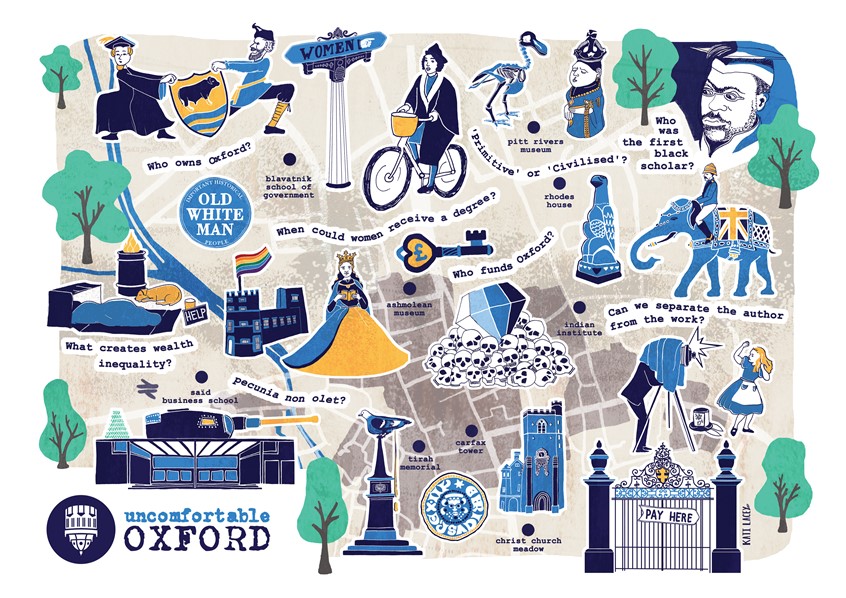 illustration of Uncomfortable Oxford, a social enterprise that organises alternative walking tours of the city of Oxford, UK., commissioned me to create an alternative map of the city that visualises uncomfortable subjects relating to the past and present. The map was part of a wider brand re-fresh.
Historical, Illustration, Map, Architectural, Buildings, People, Places, Stories, Portraits, Editorial, Conceptual, Heritage, Limited Color Palette