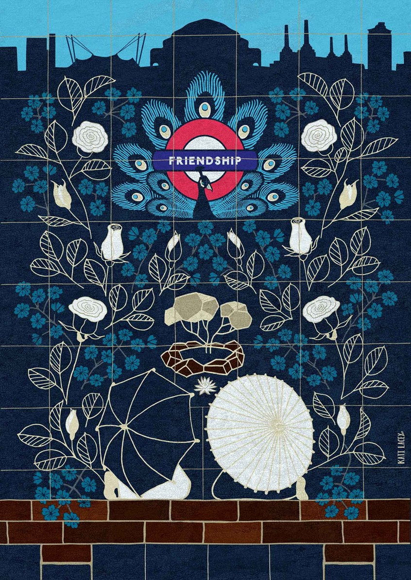 illustration of Celebrating Kyoto Garden, London, created as a symbol of friendship between Britain and Japan.
Illustrator, Heritage, Folk Art, William Morris-esque, Tile, Design, Underground, Book Cover, Magazine, Flowers, Botany, Beauty, Cityscape, Natural Parkland, Landscape, Outdoors, Scenic, Sky Illustration, Beauty, Umbrellas, Friendship, Lovers, Night-time, Public Park, City, London, Skyline, Dark, Leaves, Cityscape, Panoramic, Romantic, Rose, Cherry Tree, Peacock