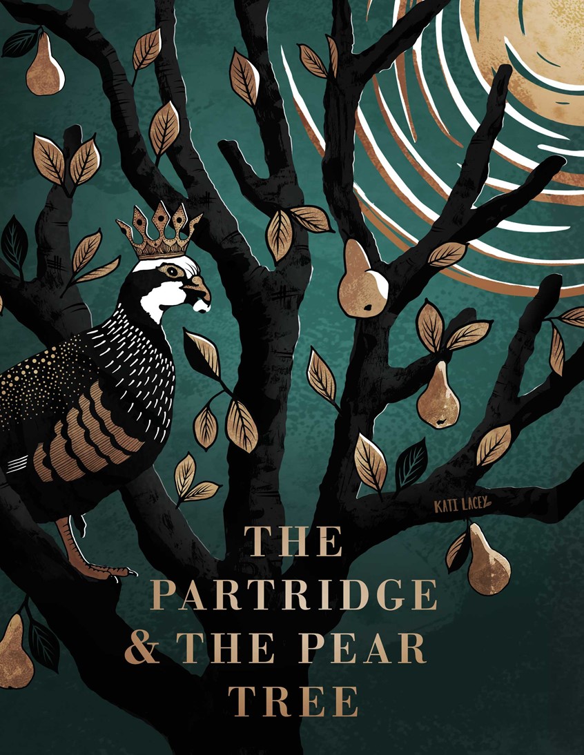 illustration of Illustration in the style of a book cover to celebrate the story behind the Christmas song 'Twelve Days of Christmas'. The partrige here is the Lord/Lady of Misrule having found the bean from the twelfth night cake and therefore wearing the crown.
Twelfth Night, Party, Night, Athmospheric, Pear Tree, Partridge, Feast