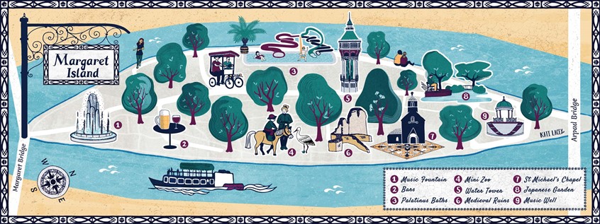 illustration of Margaret Island has a rich history dating back a millennium including Tatars, Medieval monasteries, kings' residencies and poets. Today this urban parkland offers many activities for all ages including a mini zoo, baths, Medieval ruins and churches, a fountain that 'plays' its water to music every hour and an impressive and decorative water tower.