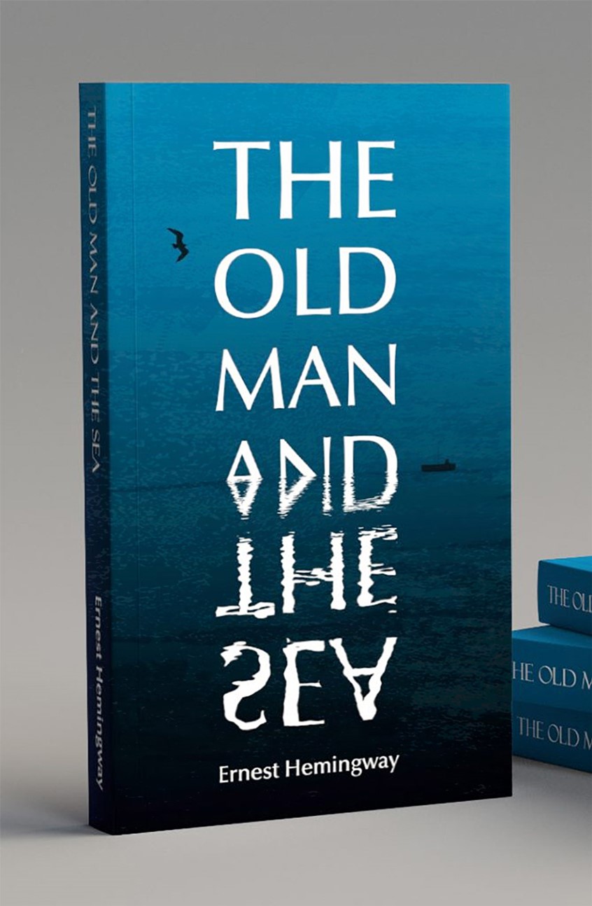 illustration of Old man and the Sea typographical book cover design.
Book Cover, Book Jacket, Emotional, Classic, Timeless, Blue, Sea, Thought-provoking, Calm, Reflection, Introspective