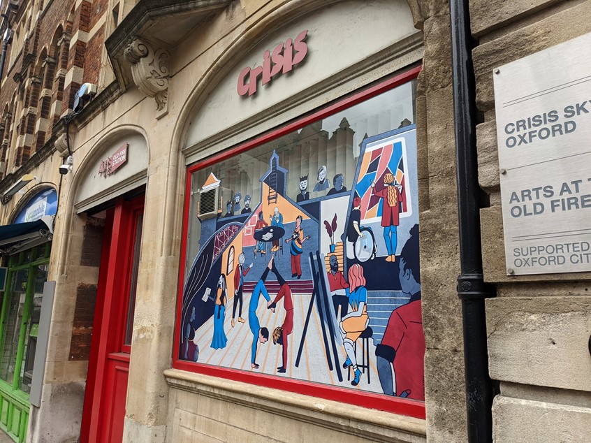 illustration of Window vinyl illustration series for two charities: Crisis and the Arts at the Old Fire Station reflecting the ecletic activites that are avaialble inside for a diverse audience.
Art, Arts, Theatre, Stage, Life Drawing, Indoor Activities, Art Activities, Diverse, Diversity, Ethnicity, Mixed Abilities, People, Characters, Building, Window Graphic, Window Decoration