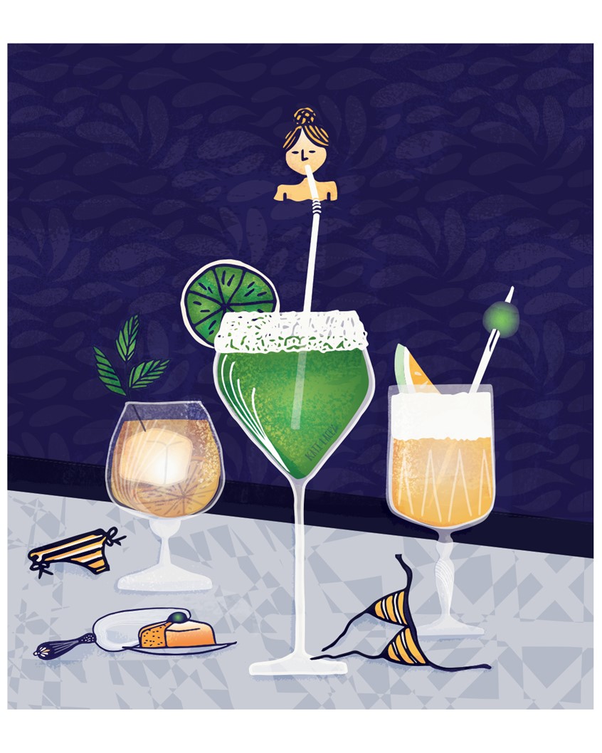 illustration of Poolside, Cocktail, Holiday spirit, Pool, Water, Swimming, Spa, Relaxation, Relaxing, Food, Drink, Illustration, Bikini, Nude, Naked, Fun, Cute, Fantasy