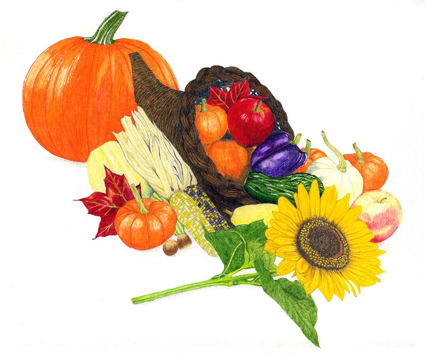 illustration of Colored pencil illustration on cold press illustration board. Done for use on self promotional purposes on Autumn and Thanksgiving promotions.
Keywords: sunflower, flower, pumpkin, cornucopia, corn, horn of plenty, basket, apples, gourds, leaves, Indian corn, corn, squash, autumn, green, orange, yellow, red, food, agriculture, packaging, design, greeting card, composition, peppers, hand drawn,