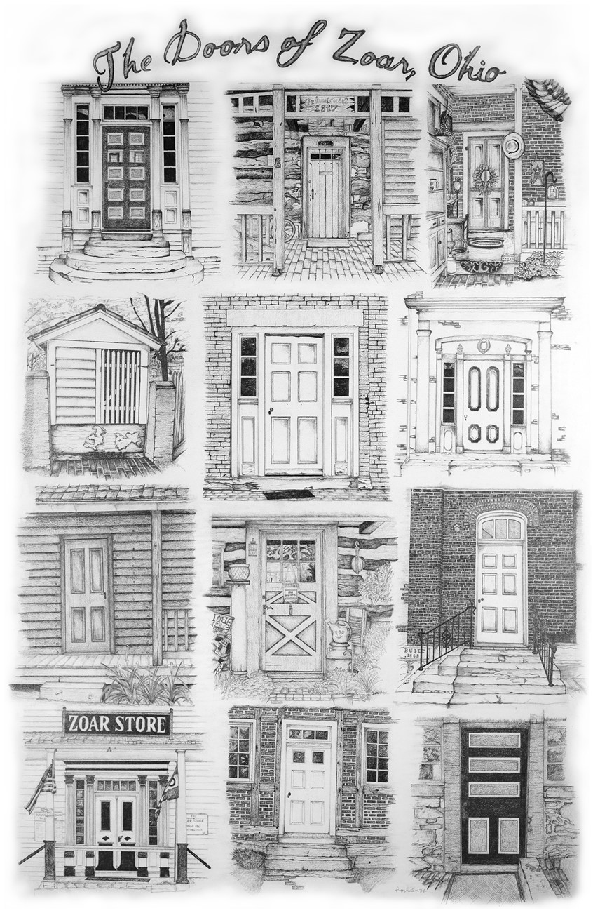 illustration of Highly detailed graphite illustration of a few of the doors of the historical buildings in Zoar Ohio. 20