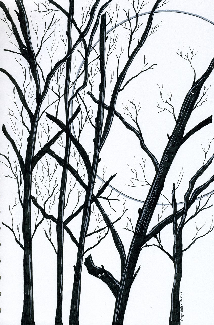 illustration of Ink illustration of bare winter tress under a full moon. If you notice, the tress have eyes. Done on 98 lb sketch paper.
keywords: trees, winter, moon, ink, black and white, seasonal, editorial, book, magazine, publishing, packaging, licensing, advertising, greeting card, nature, branch, full moon, hand drawn,