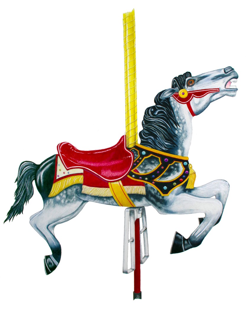 illustration of Colored pencil illustration of a vintage carousel horse from a local park. Prismacolor colored pencil on cold press illustration board.
Keywords: carousel, horse, park, vintage, wild, ride, saddle, dapple, gray, red, brass, licensing, packaging, book, magazine, editorial, entertainment, merry-go-round, jewels, hand drawn,