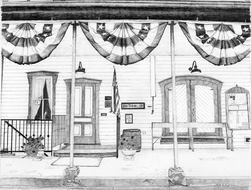 illustration of Graphite drawing of local historical building in Zoar Ohio. Won