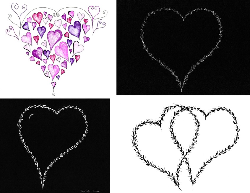 illustration of Simple, sit-down-and-draw illustrations for Valentine's Day. Colored one is ink outline with colored pencil, 2 are white ink using Rapidiograph pen on black stock, last one is black Staedtler Ink Pigment pens on sketch paper.
Keywords: Hearts, Ink, hand drawn, Valentine, wedding, pink, purple, white on black, colored pencil, greeting card, leaf, leaves, heart