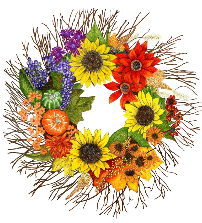 illustration of Colored pencil illustration of an Autumn wreath. 9