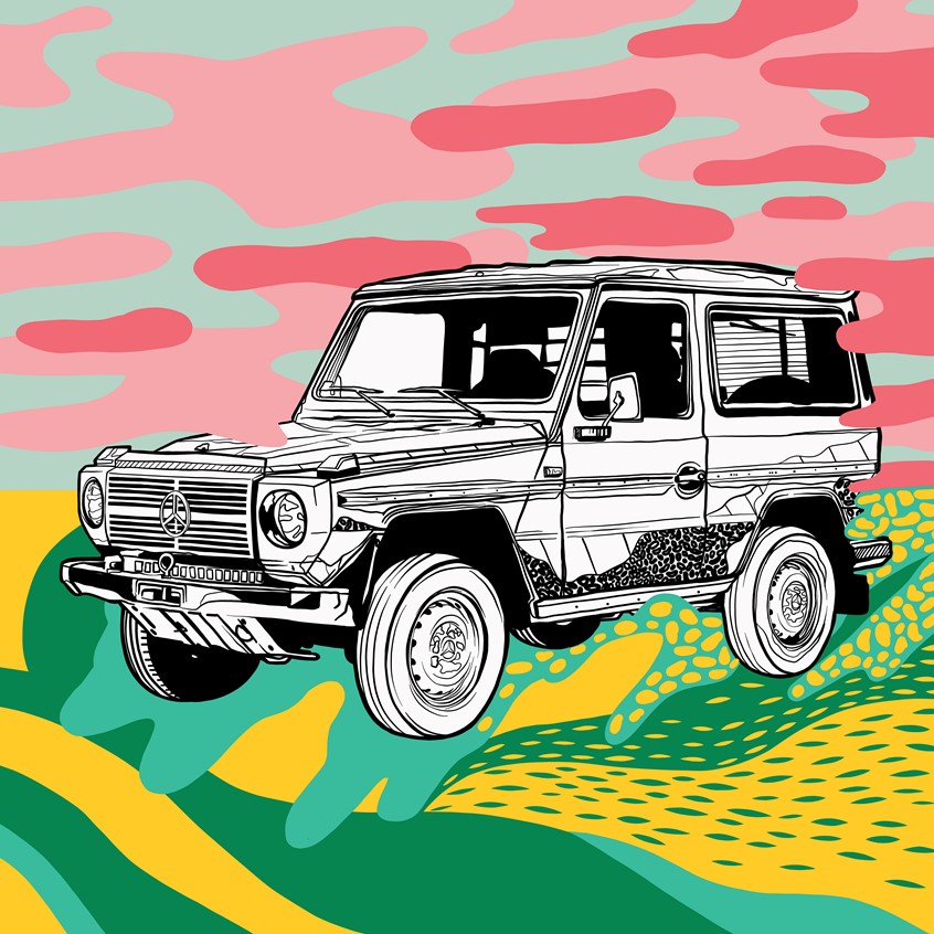 illustration of G-Wagon, Mercedes, Car, Jeep, Travel, Editorial, driving, Off-Road, Covid-safe Travel., Quality time, Could, Patter, Black and White Line work, Nature, Ad, Magazine, Millionaire, Luxury, Rich, Motor, Engine, PS, Transport, explore, Summer, Fun, Drive, Street, Road,