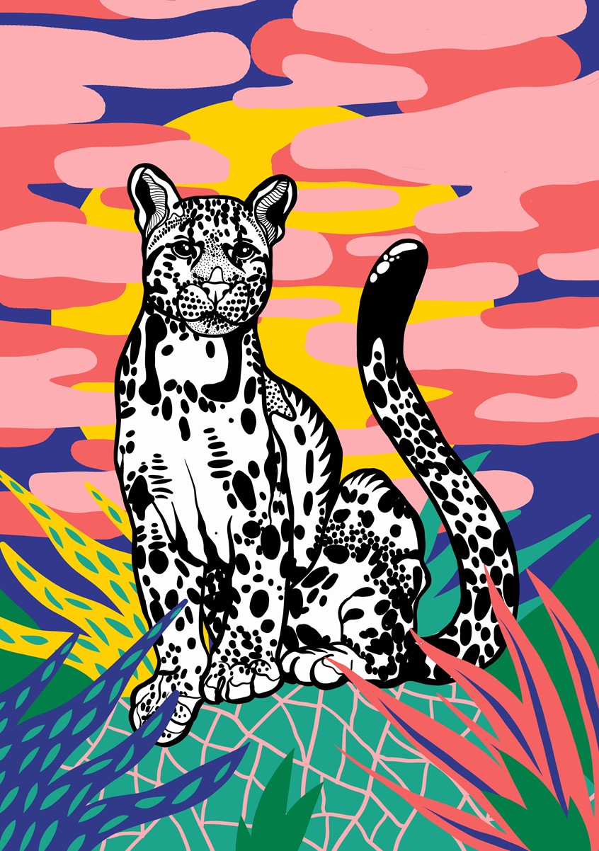 illustration of Feline, cat, snow leopard, mountain lion, lion, tiger, big cat, pattern, leopard, clouds, hill, mountain, nature, nature illustration, black and white, black and white line work, plants, sunset, sundown, abstract, bold colors, sitting cat,