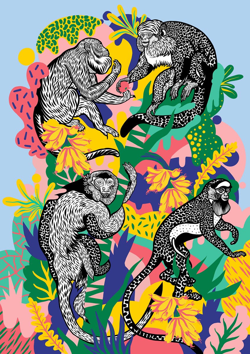 illustration of Monkeys, Animal, Wild, Wildlife, Trees, Plants, Pattern, Black And White Line Work, Banana, Fruit, eating, Jungle, exotic, tropical, shapes, pattern, Leaf, Nature