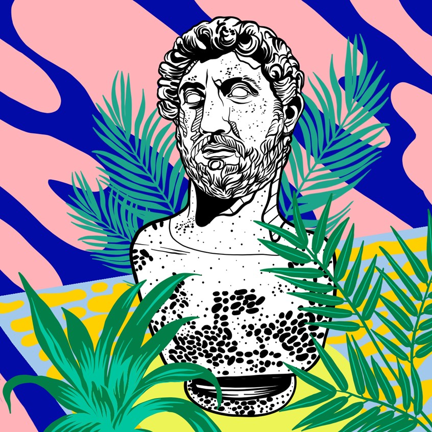 illustration of roman bust, roman, still life, antique, ancient, black and white line work, pattern, Italy, luxury, History, plants, palm trees, botanical, bust, stone, historical, Emperor, beard, ancient Rome,
Reconstructed, Marcus Aurelius, relief, stone, human anatomy, portrait, figure
