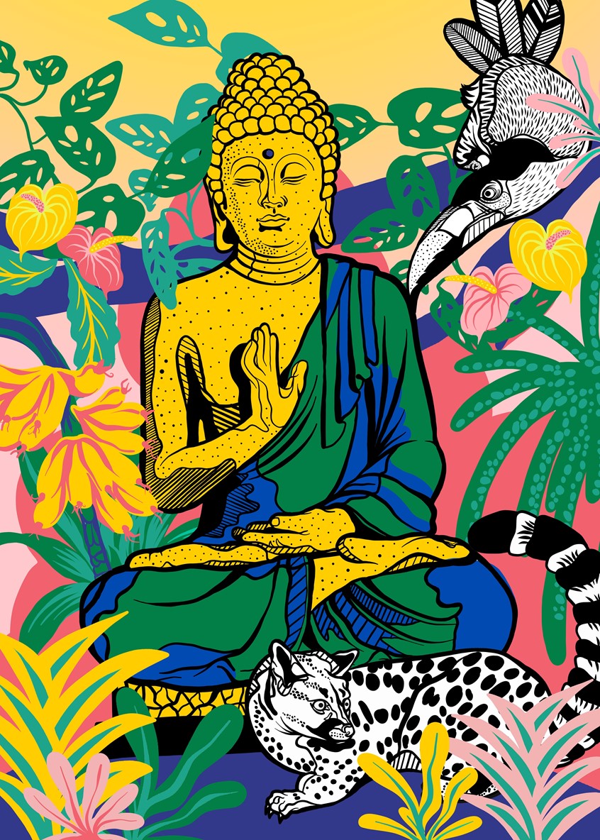 illustration of Buddha, Religion, Travel, Asia, Jungle, wild, animal, exotic birds, exotic, banana plant, Feline, Cat, botanical, nature, nature illustration, fruit, exotic fruits, praying, spiritual, Tukan, Vibration, High vibration, sitting Buddha, human, vegan, peacful, dreaming, Kindness, life,