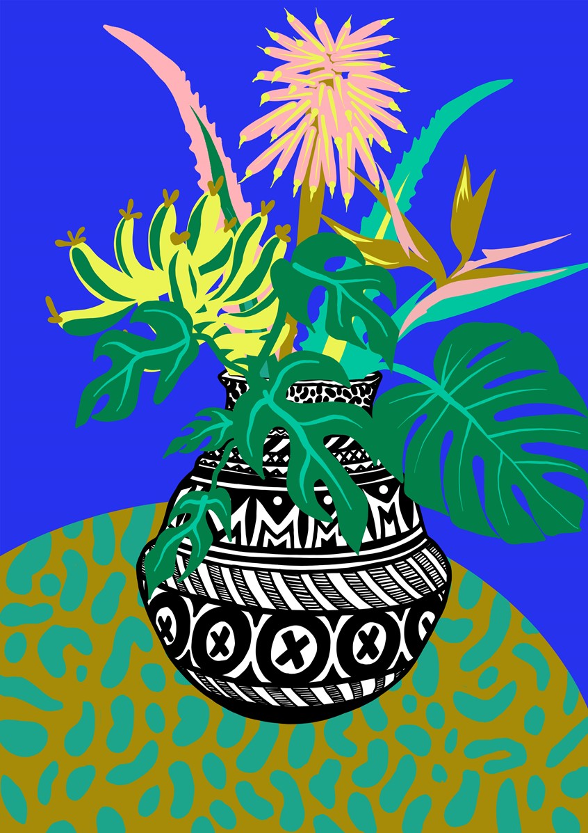 illustration of Flower vase, Decorative, Flowers, Plants, Leaves, Vase, Table, Poster, Editorial, Cover, Ad, Art, Porcelain, House, Still Life, Object, Inspiration, Berries, House living, wedding, bouquet, fresh, gift, Beauty, Botany, Color, Bloom, Florist, Blooming, delicate, celebration, garden, romantic, rose, arrangement, green, Bunch, African, inspired, Aloe Vera, pattern, Moroccan, travel, cactus, banana, Blossom, Monstera deliciosa,
