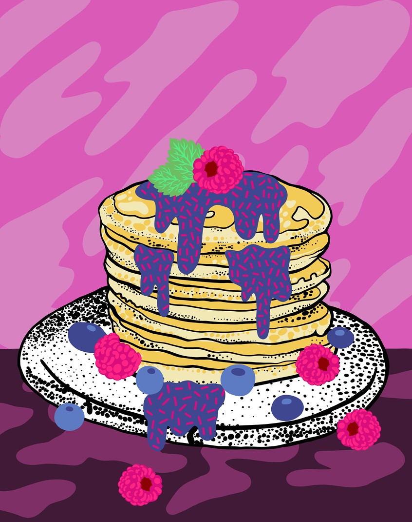 illustration of Food Illustration, Food, Pancake, Fruits, Berries, Delicious, hungry, plate, Stack of pancakes, Editorial, cooking, baking, cake, sugar, sweet, sweet tooth, pink, yummy, pattern, packaging,
recipes, vegan, vegetarian, milk, breakfast, lunch, family, Pancakes with berries and maple syrup, syrup, blueberry, butter, meal, household, fruit