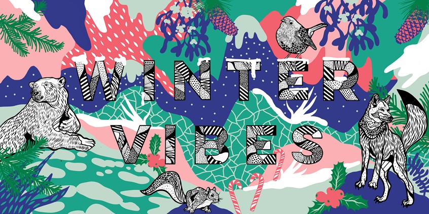illustration of Winter Vibes, Noel, Christmas, Xmas, Winter, Cozy, Polar Bear, bear, Sugar Cane, Mistletoe, Christmas day, Christmas night, Lettering, Type, Drawing, Black and White Line work, Santa Claus, Yule, Snow, fox, animals, pattern, Line work, snowy, happy holidays, winter fun,