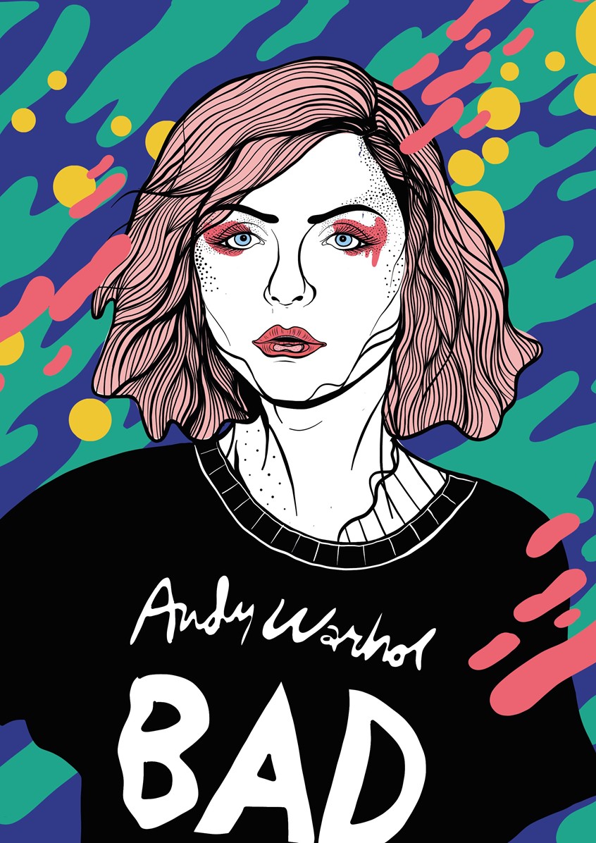 illustration of Pop, Music, Portrait, Black and White line work, Poster, Editorial, Magazine, Bold, Pattern, Rock, Hard rock, Classic music, guitar, singer, band, 80ies, 70ies, Cover, hair, hippies, love and peace, psychedelic, art, celebrities, star, famous, song, Blondie, Debby Harry, Andy Warhol, t-shirt, blond, lead singer, star, celebrity,