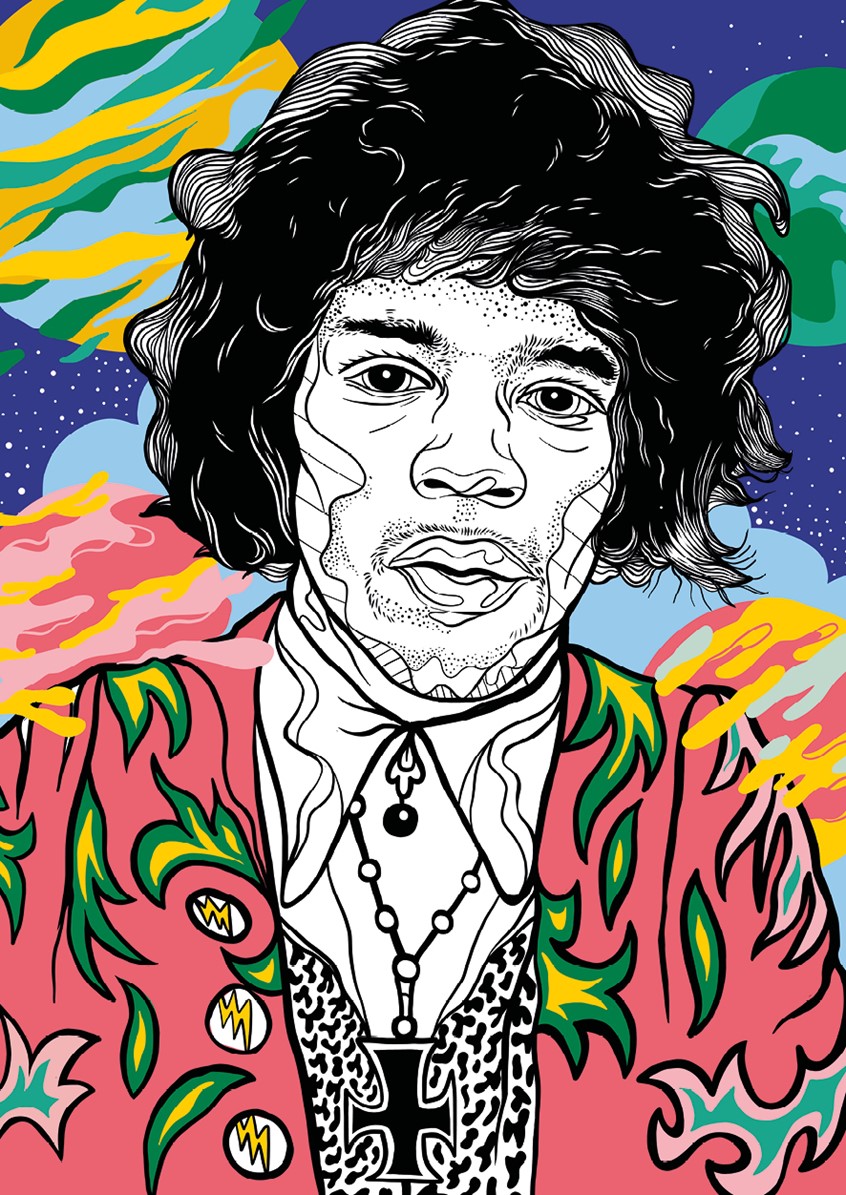 illustration of Pop, Music, Frank Zappa, Portrait, Black and White line work, Poster, Editorial, Magazine, Bold, Pattern, Rock, Hard rock, Classic music, guitar, singer, band, 80ies, 70ies, Cover, hair, hippies, love and peace, psychedelic, art, celebrities, star, famous, song, Jimi Hendrix, 60ies, electric guitar,