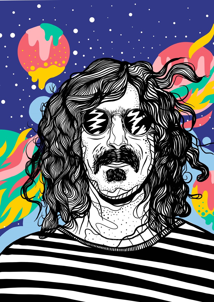illustration of Pop, Music, Frank Zappa, Portrait, Black and White line work, Poster, Editorial, Magazine, Bold, Pattern, Rock, Hard rock, Classic music, guitar, singer, band, 80ies, 70ies, Cover, hair, hippies, love and peace, psychedelic, art, celebrities, star, famous, song,
