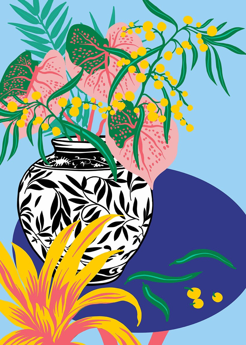 illustration of Flower vase, Decorative, Flowers, Plants, Leaves, Vase, Table, Poster, Editorial, Cover, Ad, Art, Porcelain, House, Still Life, Object, Inspiration, Berries, House living, wedding, bouquet, fresh, gift, Beauty, Botany, Color, Bloom, Florist, Blooming, delicate, celebration, garden, romantic, rose, arrangement, green, Bunch