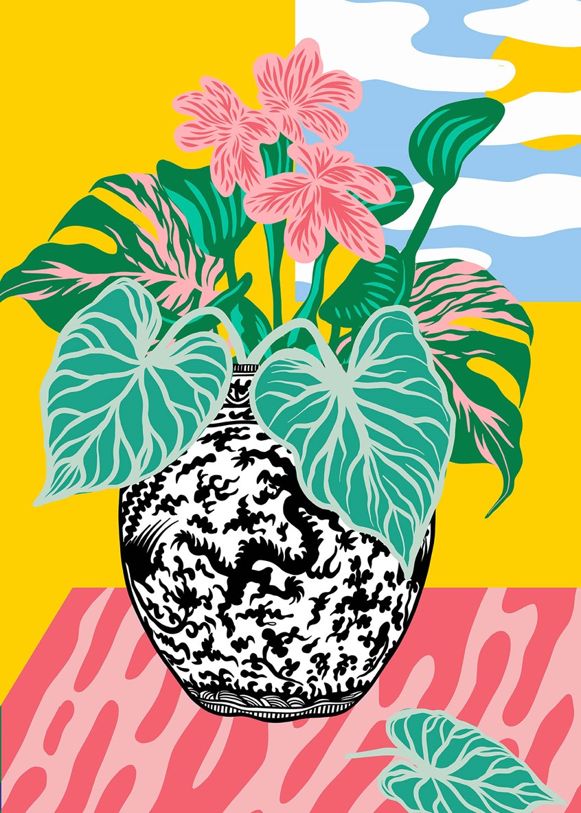 illustration of Flower vase, Decorative, Flowers, Plants, Leaves, Vase, Table, Poster, Editorial, Cover, Ad, Art, Porcelain, House, Still Life, Object, Inspiration, Berries, House living, wedding, bouquet, fresh, gift, Beauty, Botany, Color, Bloom, Florist, Blooming, delicate, celebration, garden, romantic, rose, arrangement, green, Bunch, window, sun,