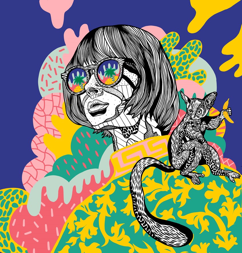 illustration of Woman, Pattern, Black and White line work, Illustration, Shapes, Drips, Holiday, spirit animal,
holiday, sunglasses, abstract, haircut, exotic, passion, people, advert, black and white, pet, music, cover, video, packaging, poster, adobe, vacation, drawing, vector, hand drawn, hair