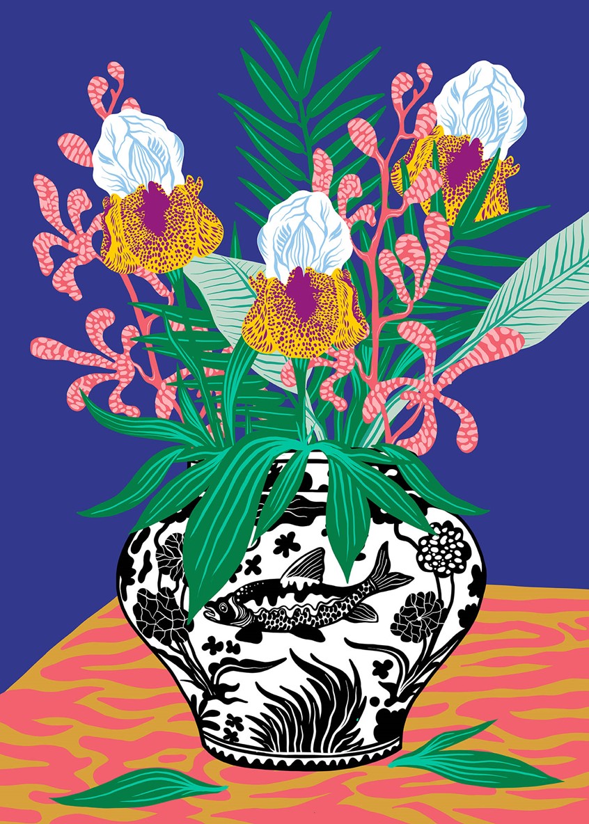 illustration of Flower vase, Decorative, Flowers, Plants, Leaves, Vase, Table, Poster, Editorial, Cover, Ad, Art, Porcelain, House, Still Life, Object, Inspiration, Berries, House living, wedding, bouquet, fresh, gift, Beauty, Botany, Color, Bloom, Florist, Blooming, delicate, celebration, garden, romantic, rose, arrangement, green, Bunch