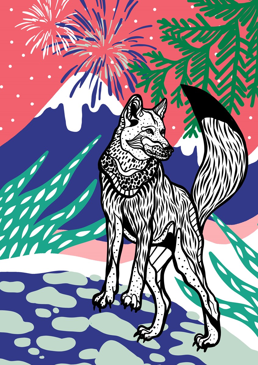 illustration of Winter Vibes, Noel, Christmas, Xmas, Winter, Cozy, Polar Bear, bear, Sugar Cane, Mistletoe, Christmas day, Christmas night, Drawing, Black and White Line work, Yule, Snow, fox, animals, pattern, Line work, snowy, happy holidays, winter fun, wolf, mountain, trees, landscape, fireworks