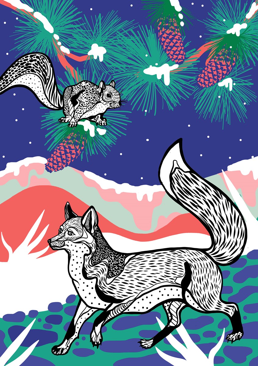 illustration of Winter Vibes, Noel, Christmas, Xmas, Winter, Cozy, Polar Bear, bear, Sugar Cane, Mistletoe, Christmas day, Christmas night, Drawing, Black and White Line work, Yule, Snow, fox, animals, pattern, Line work, snowy, happy holidays, winter fun, wolf, mountain, trees, landscape, fireworks, squirrel, pinecone