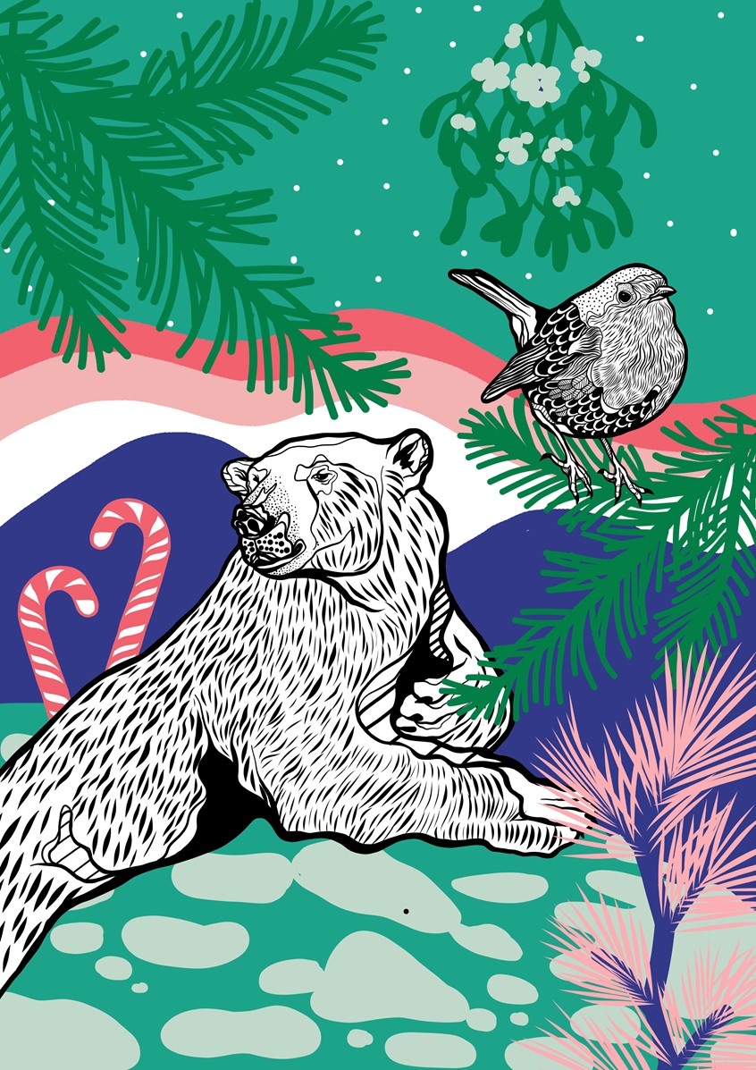 illustration of Winter Vibes, Noel, Christmas, Xmas, Winter, Cozy, Polar Bear, bear, Sugar Cane, Mistletoe, Christmas day, Christmas night, Drawing, Black and White Line work, Yule, Snow, fox, animals, pattern, Line work, snowy, happy holidays, winter fun, wolf, mountain, trees, landscape, fireworks, squirrel, pine cone, conifer, evergreen, bird, sparrow, sitting bird