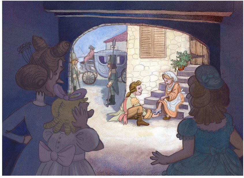 illustration of Cinderalla's step-mother and step-sisters watch in horror as Cinderella successfully tries on the glass slipper in the back courtyard.