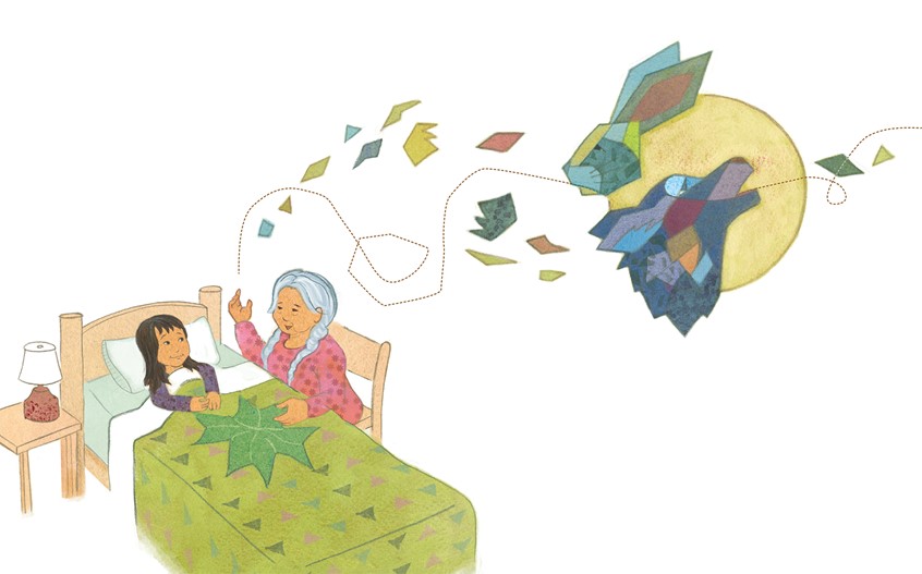 illustration of From the picture book, TAKOZA: WALKS WITH THE BLUE MOON GIRL, written by Tara Perron, a Native American story about family, quilting and seeds. Kunsi (Grnadma) tells Takoza (Granddaughter) bedtime stories.